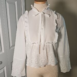 White Ruffled Blouse Ruffle Eyelet Detail. Small‎ Sunday Up